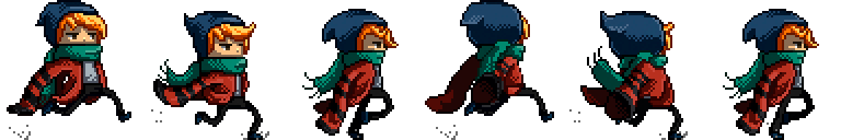 Six-frame Scarfy running sprite sheet